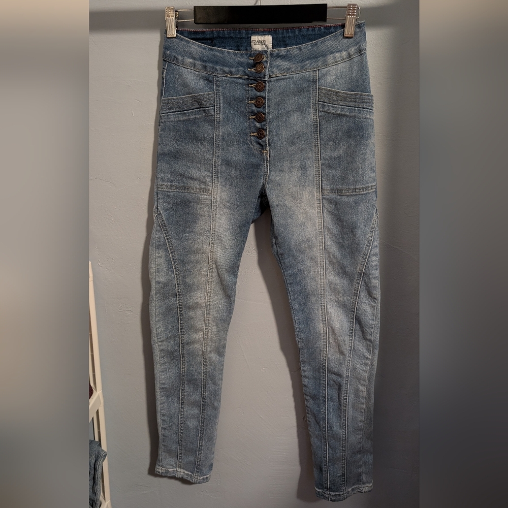 Vintage 90s Track23 Throwback Light Blue Ankle Button Up Skinny Jeans 80s